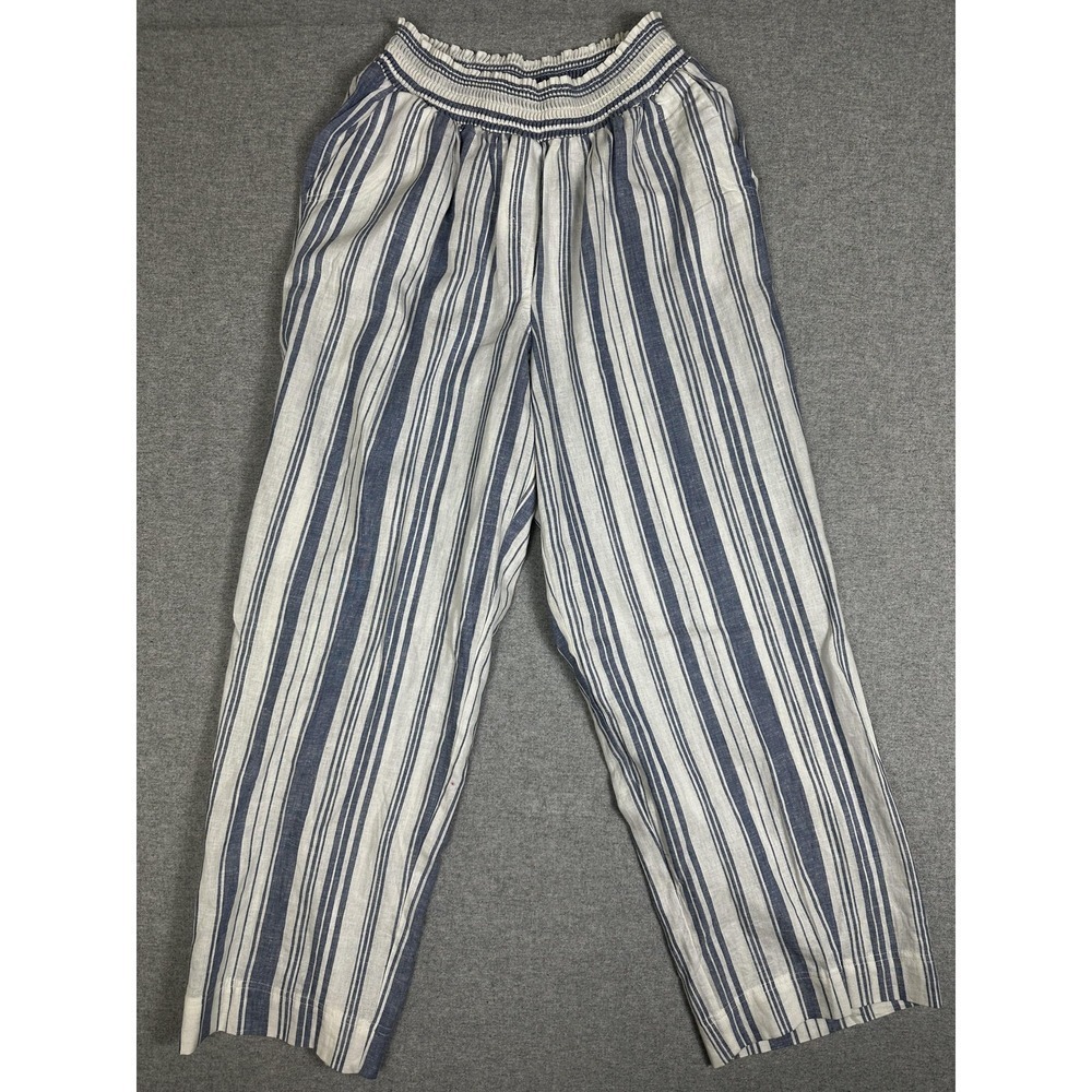 Land 'n Sea Pants Womens 1X Blue White Striped Linen Ankle Pull On Elastic Waist